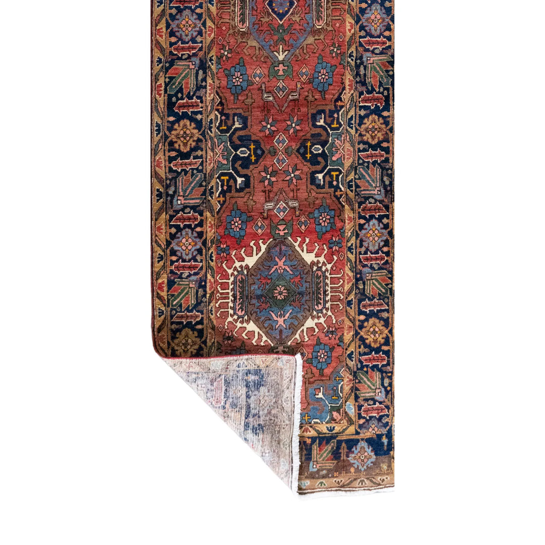 3' 3" x 14' 3" - RUST AND BLUE KARAJEH GEOMETRIC PERSIAN RUG ( 99 x 434 CM )