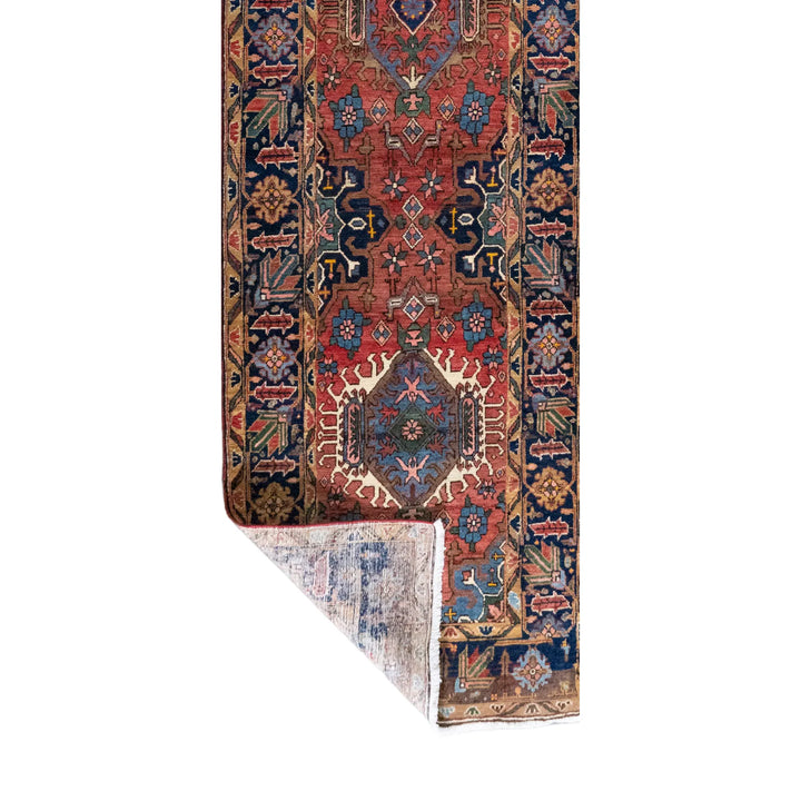 3' 3" x 14' 3" - RUST AND BLUE KARAJEH GEOMETRIC PERSIAN RUG ( 99 x 434 CM )