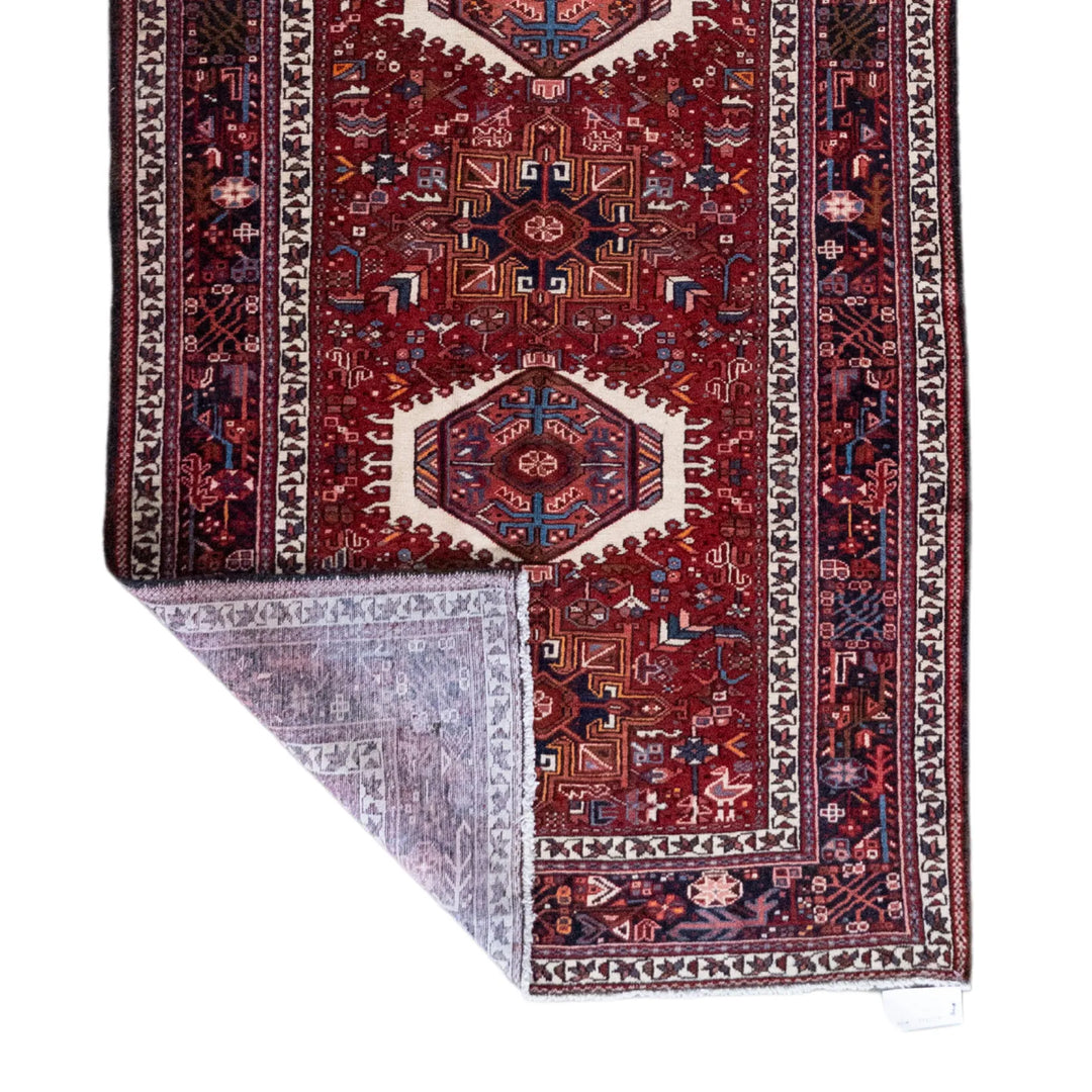 3' 10" x 9' 5" - RUST AND BLUE KARAJEH GEOMETRIC PERSIAN RUG ( 117 x 287 CM )