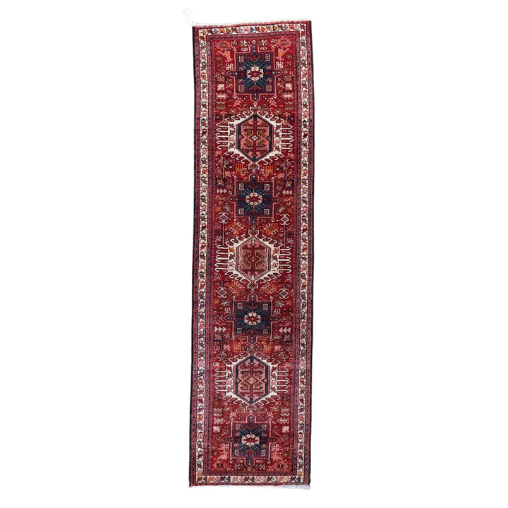 2' 6" x 9' 6" - RUST AND BLUE KARAJEH GEOMETRIC PERSIAN RUG ( 76 x 289 CM )