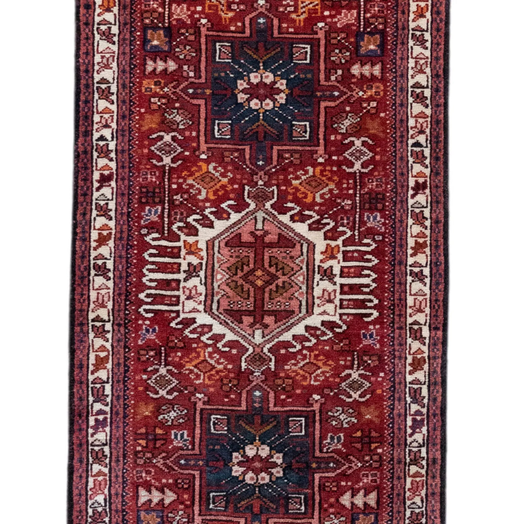 2' 6" x 9' 6" - RUST AND BLUE KARAJEH GEOMETRIC PERSIAN RUG ( 76 x 289 CM )