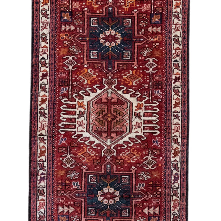 2' 6" x 9' 6" - RUST AND BLUE KARAJEH GEOMETRIC PERSIAN RUG ( 76 x 289 CM )