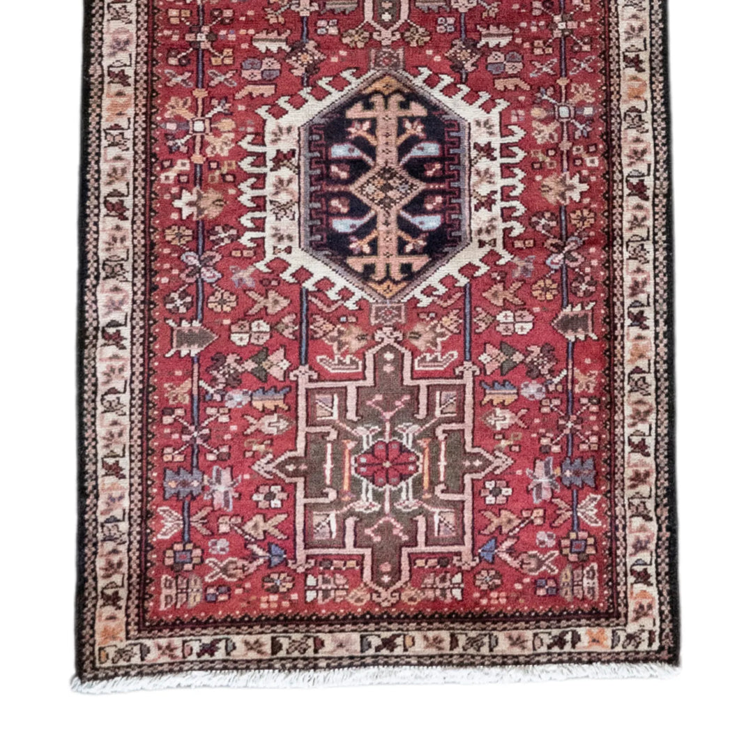 2' 8" x 8' 9" - RED AND BLUE KARAJEH GEOMETRIC PERSIAN RUG ( 81 x 267 CM )