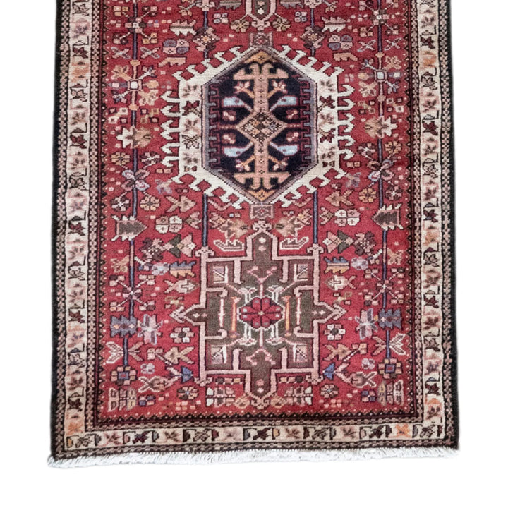 2' 8" x 8' 9" - RED AND BLUE KARAJEH GEOMETRIC PERSIAN RUG ( 81 x 267 CM )