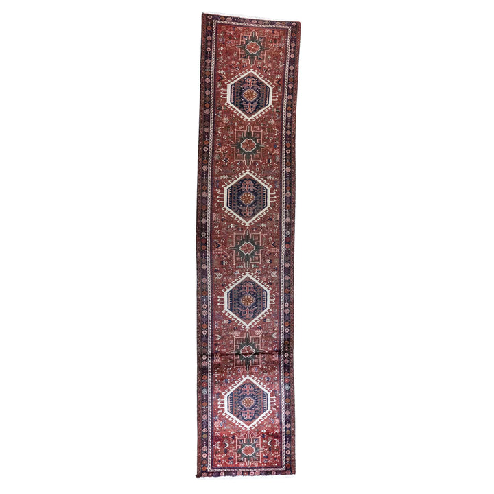 2' 7" x 12' 4" - RED AND BLUE KARAJEH GEOMETRIC PERSIAN RUG ( 79 x 376 CM )