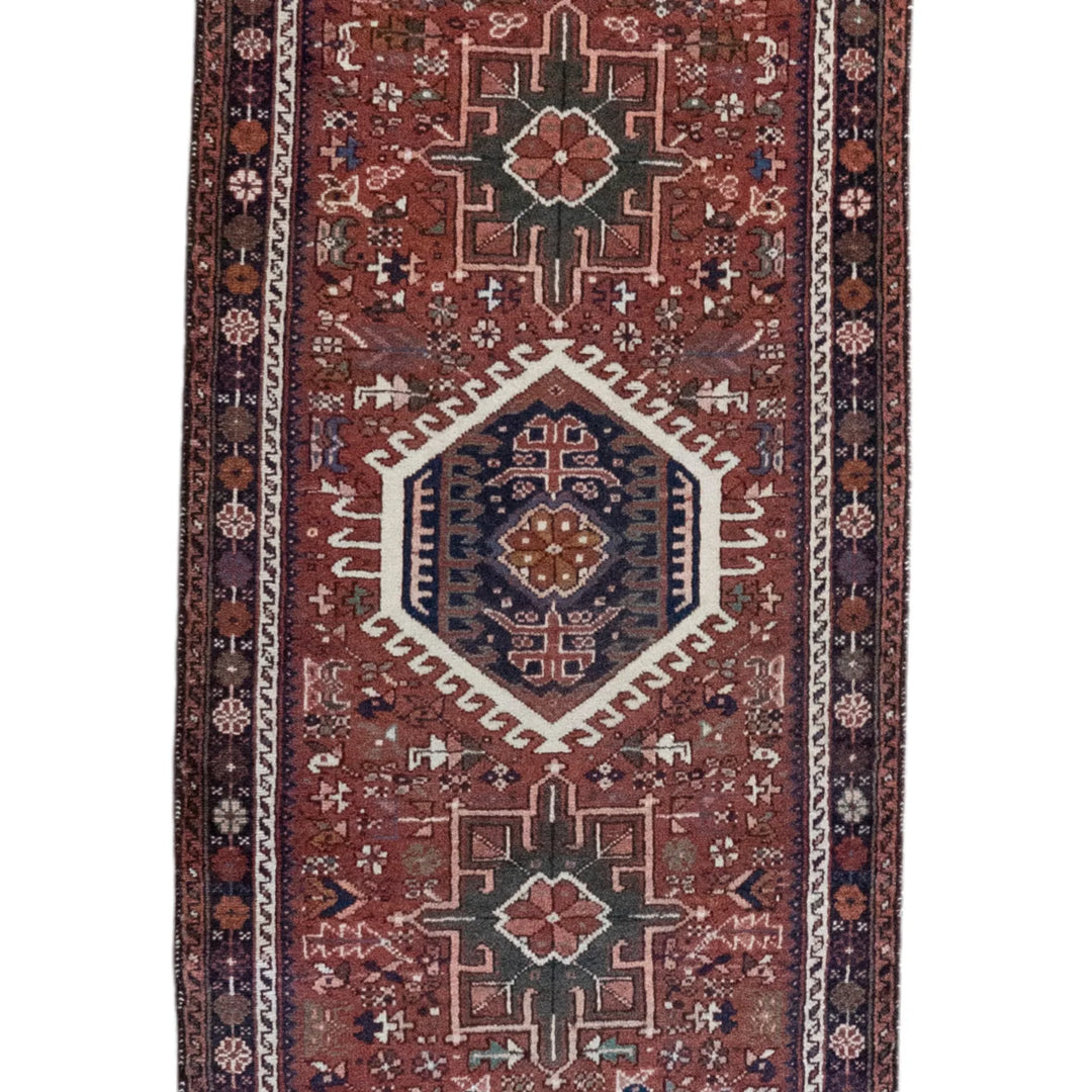 2' 7" x 12' 4" - RED AND BLUE KARAJEH GEOMETRIC PERSIAN RUG ( 79 x 376 CM )