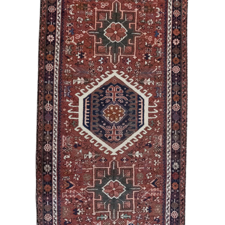 2' 7" x 12' 4" - RED AND BLUE KARAJEH GEOMETRIC PERSIAN RUG ( 79 x 376 CM )