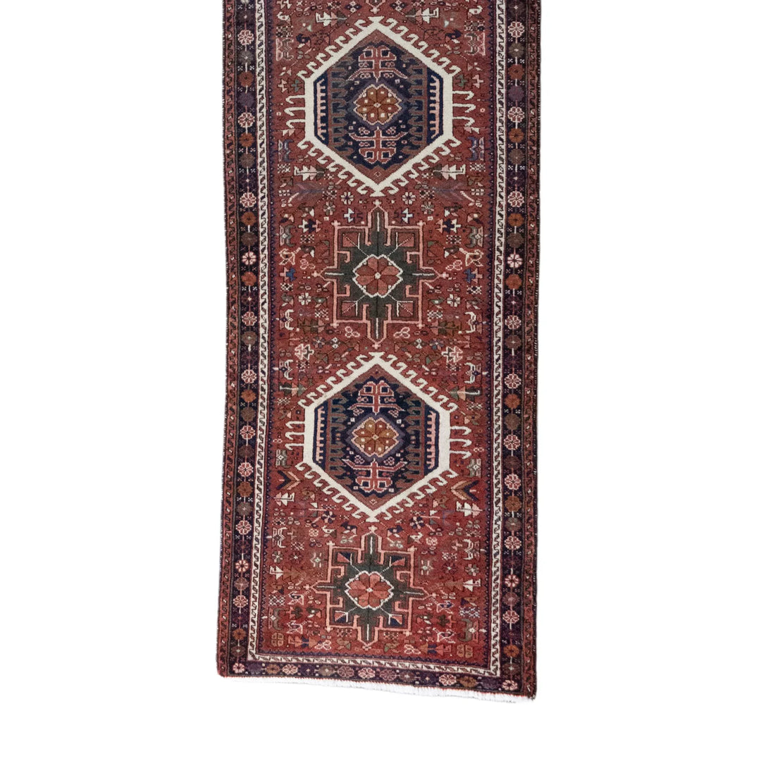 2' 7" x 12' 4" - RED AND BLUE KARAJEH GEOMETRIC PERSIAN RUG ( 79 x 376 CM )