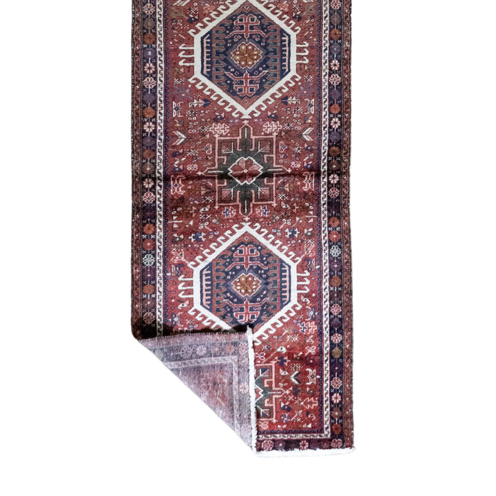 2' 7" x 12' 4" - RED AND BLUE KARAJEH GEOMETRIC PERSIAN RUG ( 79 x 376 CM )