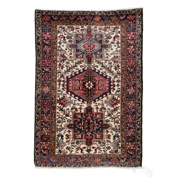 3' 3" x 4' 10" - BEIGE AND NAVY KARAJEH GEOMETRIC PERSIAN RUG ( 99 x 147 CM )