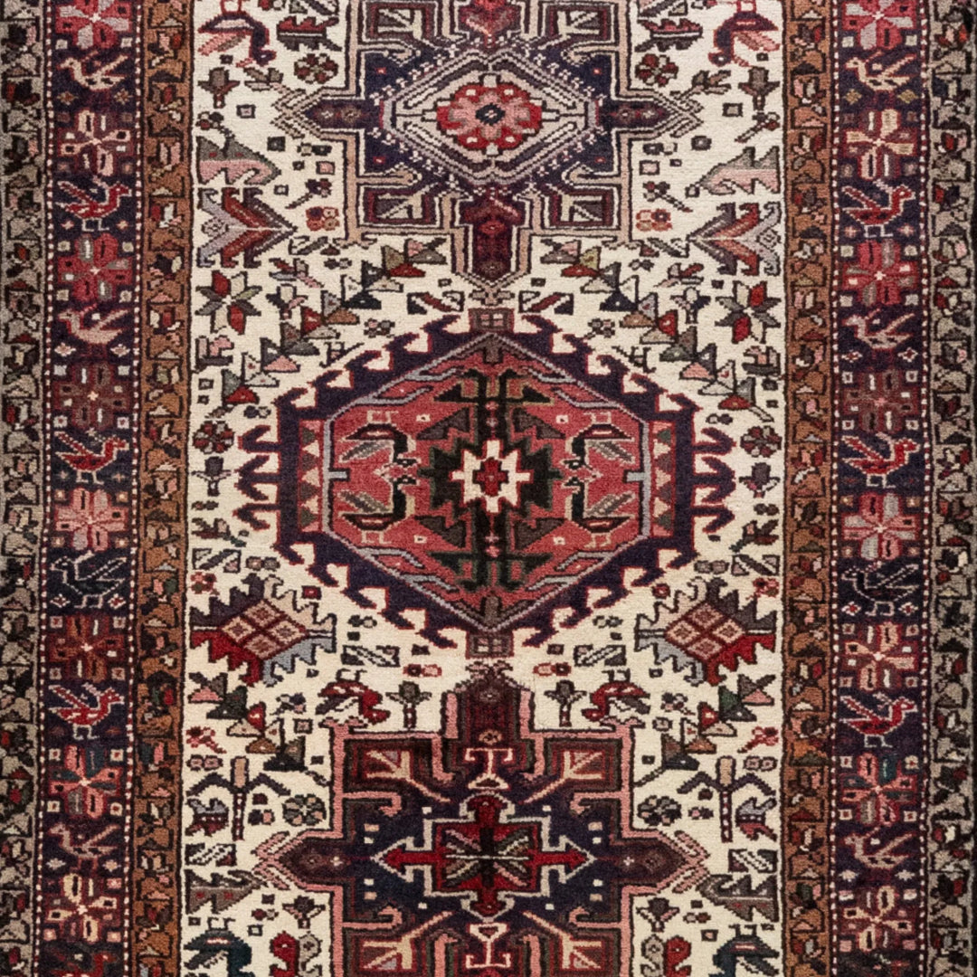 3' 3" x 4' 10" - BEIGE AND NAVY KARAJEH GEOMETRIC PERSIAN RUG ( 99 x 147 CM )