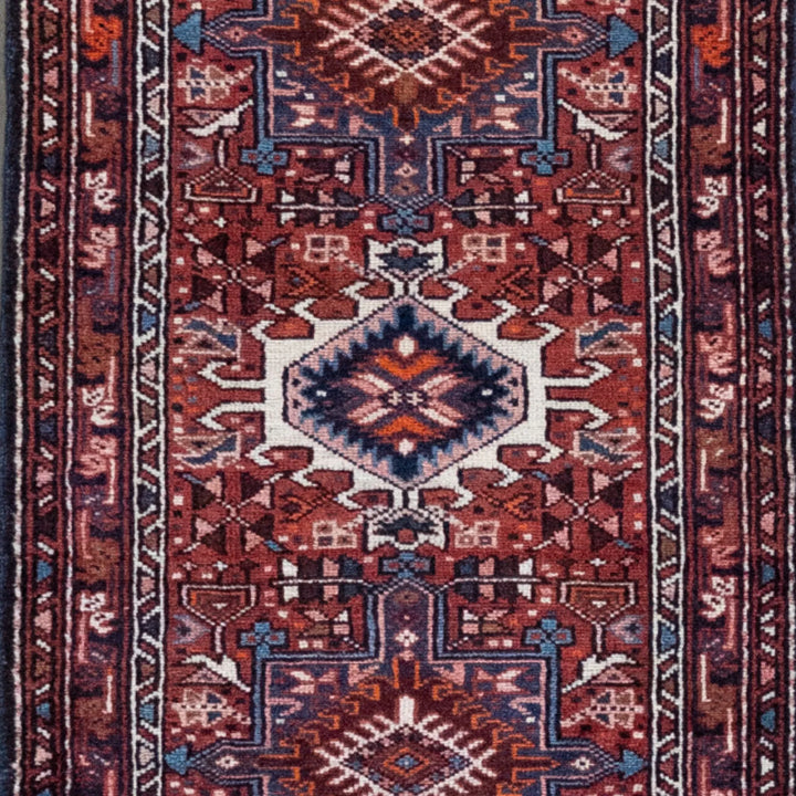 2' 4" x 8' 11" - RED AND NAVY KARAJEH GEOMETRIC PERSIAN RUG ( 71 x 272 CM )