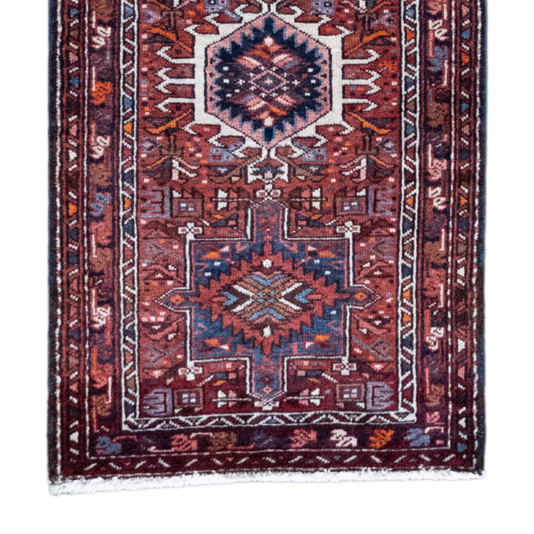 2' 4" x 8' 11" - RED AND NAVY KARAJEH GEOMETRIC PERSIAN RUG ( 71 x 272 CM )