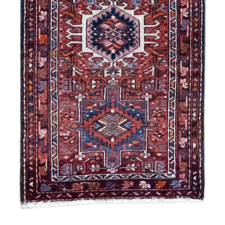 2' 4" x 8' 11" - RED AND NAVY KARAJEH GEOMETRIC PERSIAN RUG ( 71 x 272 CM )
