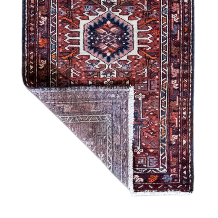 2' 4" x 8' 11" - RED AND NAVY KARAJEH GEOMETRIC PERSIAN RUG ( 71 x 272 CM )