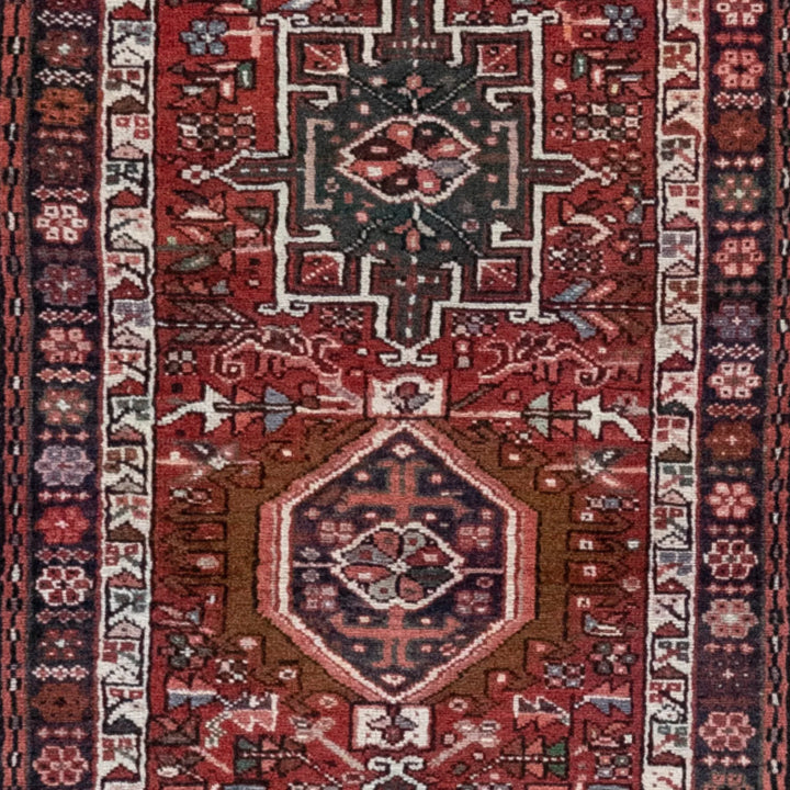 2' 4" x 9' 4" - RED AND NAVY KARAJEH GEOMETRIC PERSIAN RUG ( 71 x 284 CM )