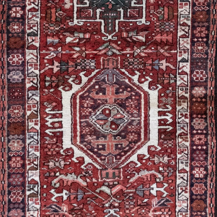 2' 4" x 9' 4" - RED AND NAVY KARAJEH GEOMETRIC PERSIAN RUG ( 71 x 284 CM )