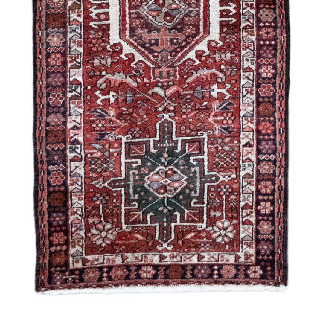 2' 4" x 9' 4" - RED AND NAVY KARAJEH GEOMETRIC PERSIAN RUG ( 71 x 284 CM )