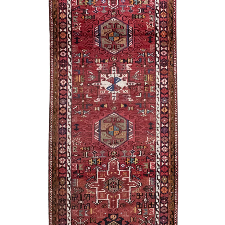 2' 7" x 15' 7" - RED AND NAVY KARAJEH GEOMETRIC PERSIAN RUG ( 79 x 475 CM )