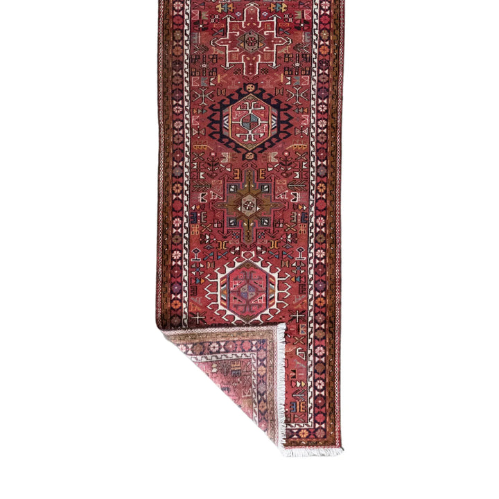 2' 7" x 15' 7" - RED AND NAVY KARAJEH GEOMETRIC PERSIAN RUG ( 79 x 475 CM )
