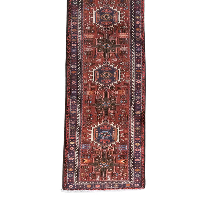 2' 8" x 22' 4" - RED AND NAVY KARAJEH GEOMETRIC PERSIAN RUG ( 81 x 681 CM )