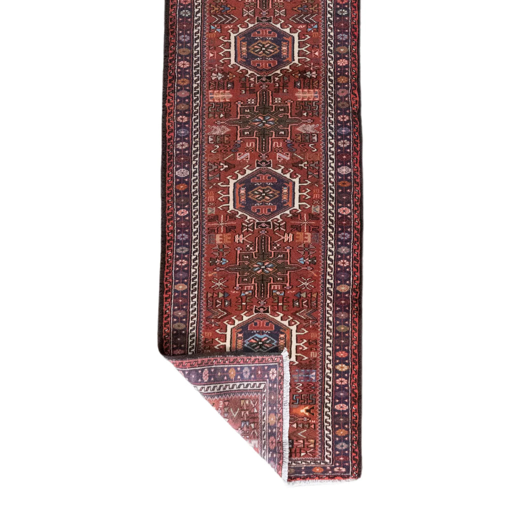 2' 8" x 22' 4" - RED AND NAVY KARAJEH GEOMETRIC PERSIAN RUG ( 81 x 681 CM )