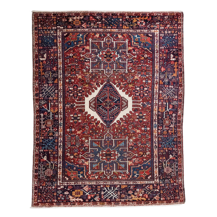 4' 11" x 6' 4" - NAVY AND RED KARAJEH GEOMETRIC PERSIAN RUG ( 150 x 193 CM )