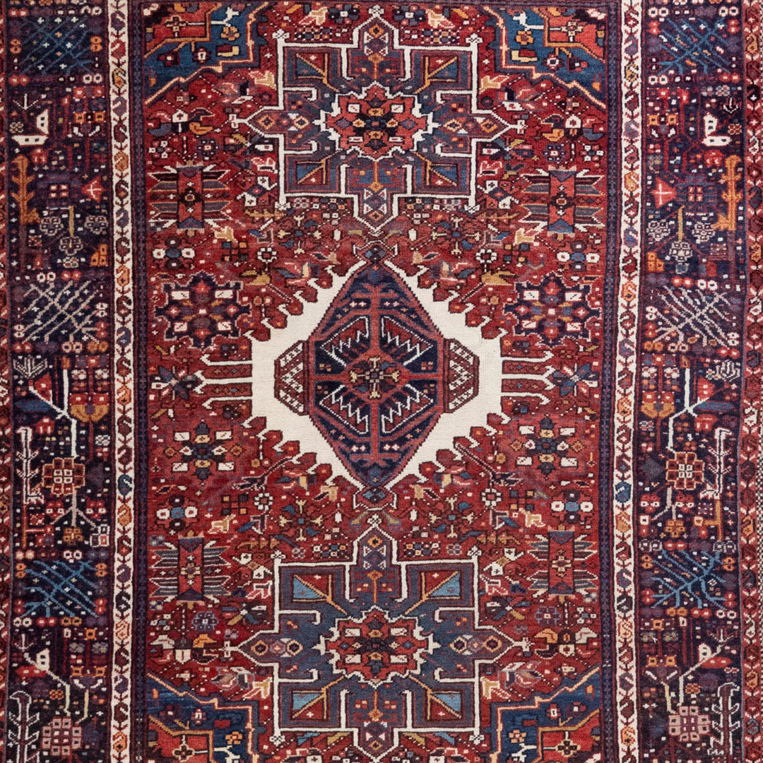 4' 11" x 6' 4" - NAVY AND RED KARAJEH GEOMETRIC PERSIAN RUG ( 150 x 193 CM )