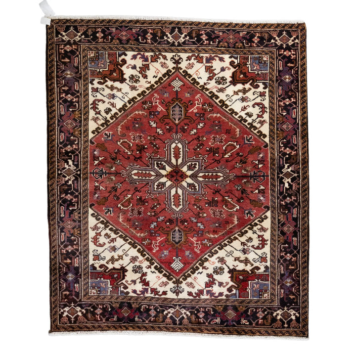 5' 1" x 6' 2" - RED AND NAVY HERIZ GEOMETRIC PERSIAN RUG ( 155 x 188 CM )