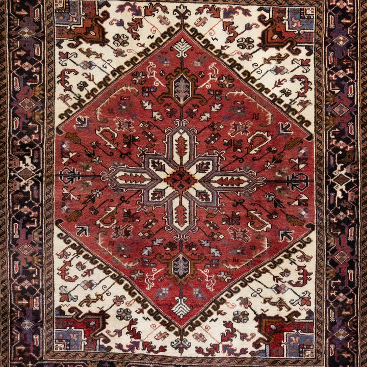 5' 1" x 6' 2" - RED AND NAVY HERIZ GEOMETRIC PERSIAN RUG ( 155 x 188 CM )