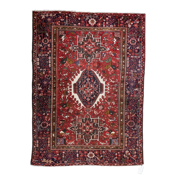 4' 9" x 6' 6" - RED AND NAVY KARAJEH GEOMETRIC PERSIAN RUG ( 145 x 198 CM )