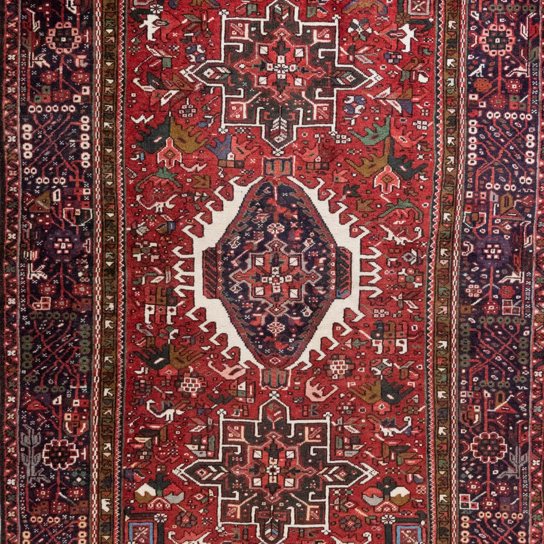 4' 9" x 6' 6" - RED AND NAVY KARAJEH GEOMETRIC PERSIAN RUG ( 145 x 198 CM )