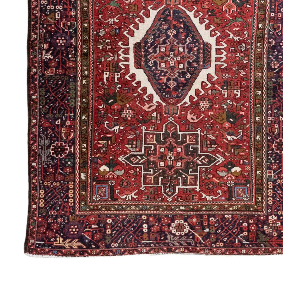 4' 9" x 6' 6" - RED AND NAVY KARAJEH GEOMETRIC PERSIAN RUG ( 145 x 198 CM )