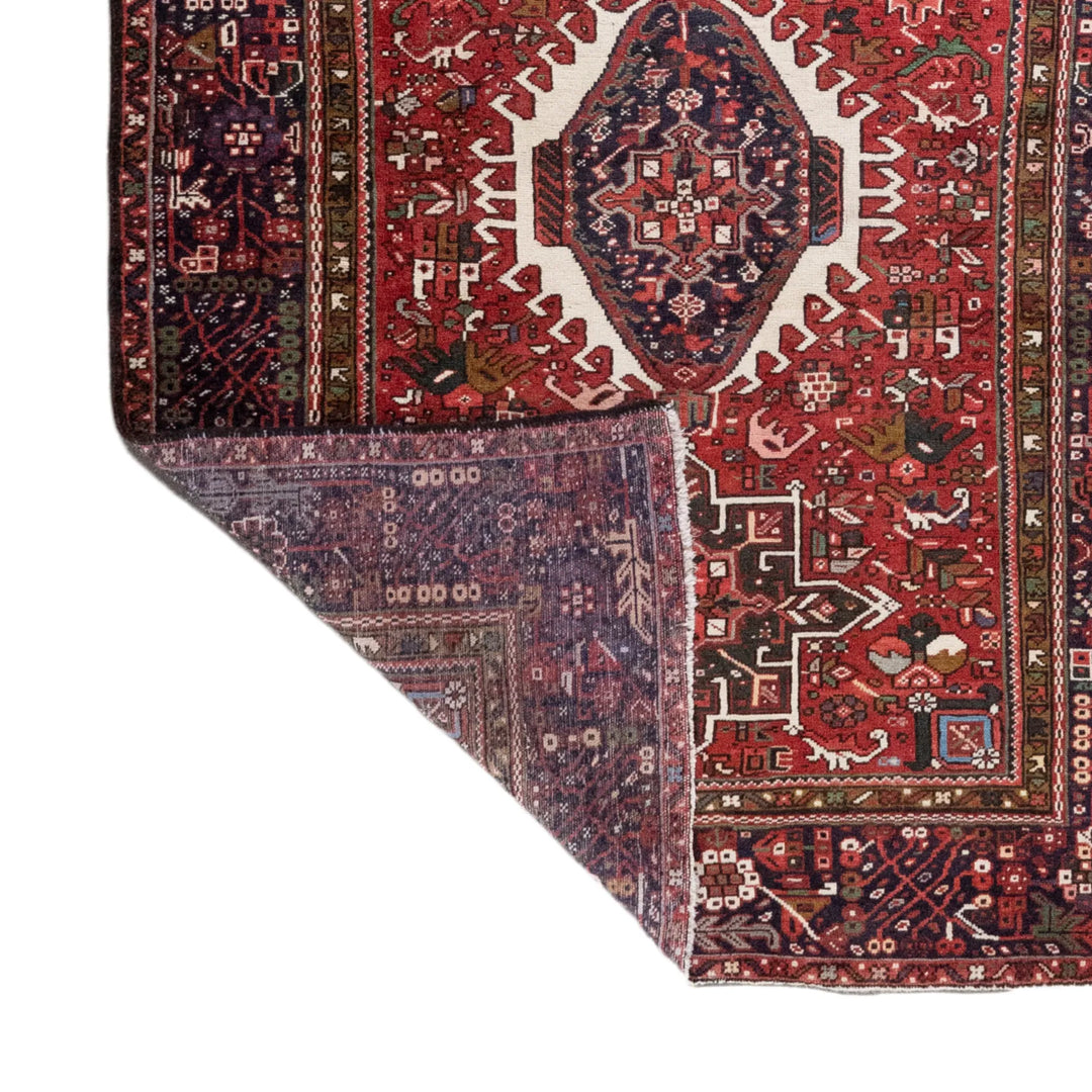 4' 9" x 6' 6" - RED AND NAVY KARAJEH GEOMETRIC PERSIAN RUG ( 145 x 198 CM )