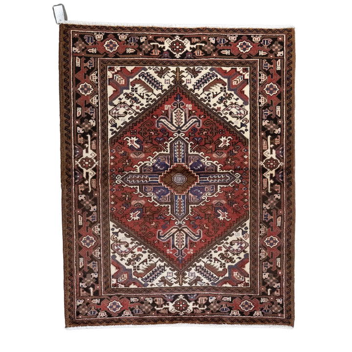 4' 11" x 6' 2" - RED AND NAVY HERIZ GEOMETRIC PERSIAN RUG ( 150 x 188 CM )