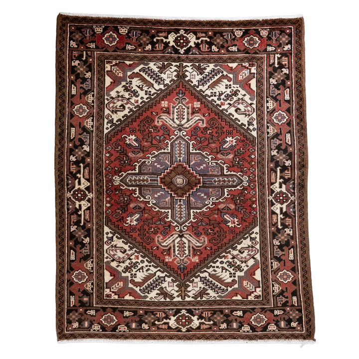 5' 0" x 6' 4" - RED AND NAVY HERIZ GEOMETRIC PERSIAN RUG ( 152 x 193 CM )