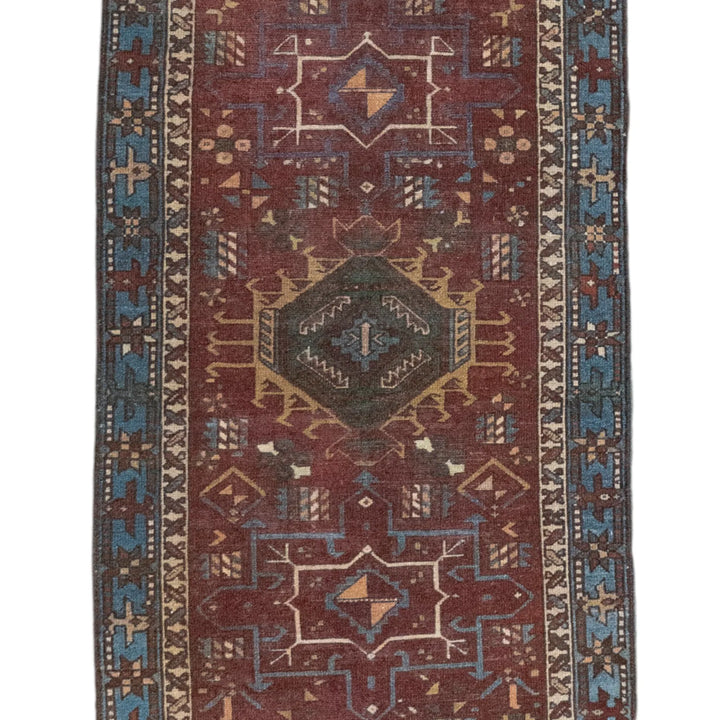 2' 7" x 10' 2" - RED AND GREEN KARAJEH GEOMETRIC PERSIAN RUG ( 79 x 310 CM )