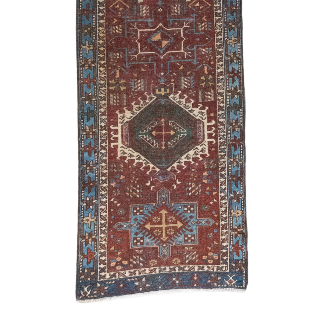 2' 7" x 10' 2" - RED AND GREEN KARAJEH GEOMETRIC PERSIAN RUG ( 79 x 310 CM )