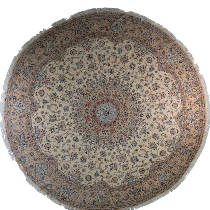 12' 11" x 12' 11" - BEIGE AND PINK NAEIN FLORAL PERSIAN RUG ( 394 x 394 CM )
