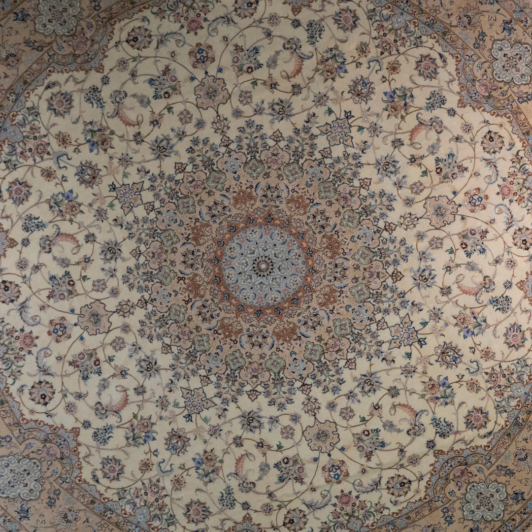 12' 11" x 12' 11" - BEIGE AND PINK NAEIN FLORAL PERSIAN RUG ( 394 x 394 CM )