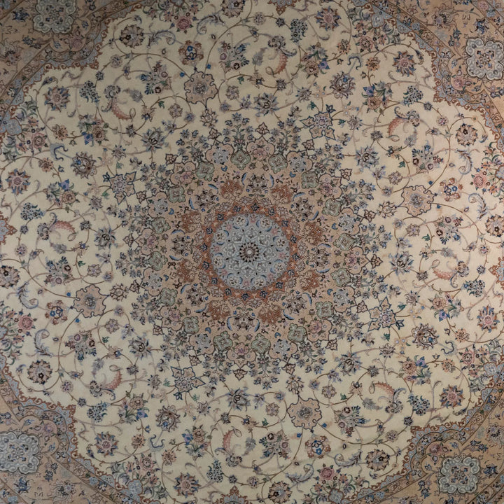 12' 11" x 12' 11" - BEIGE AND PINK NAEIN FLORAL PERSIAN RUG ( 394 x 394 CM )