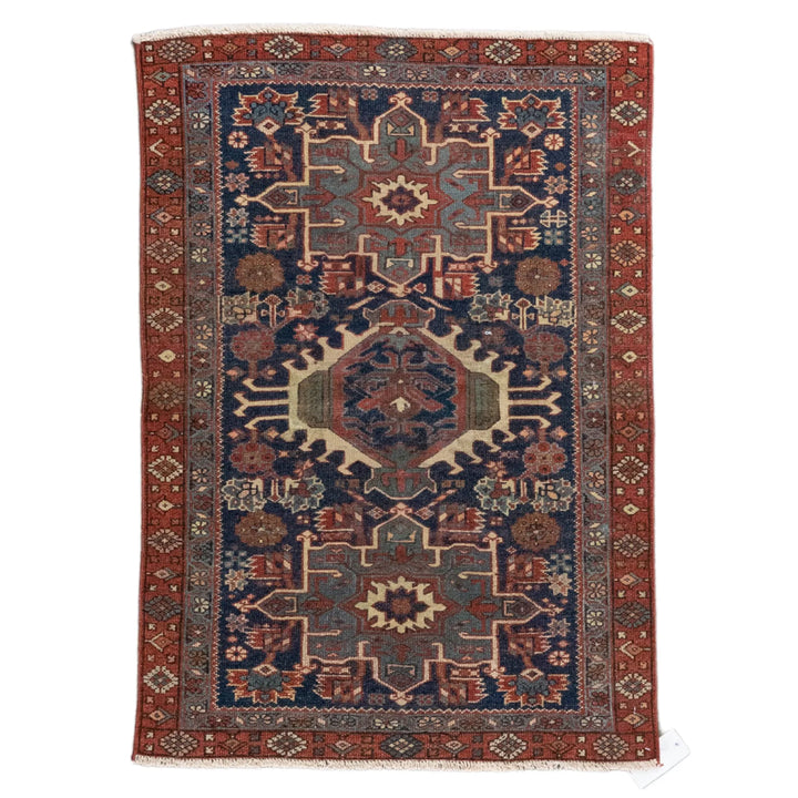 2' 11" x 4' 1" - NAVY AND RED KARAJEH GEOMETRIC PERSIAN RUG ( 89 x 124 CM )