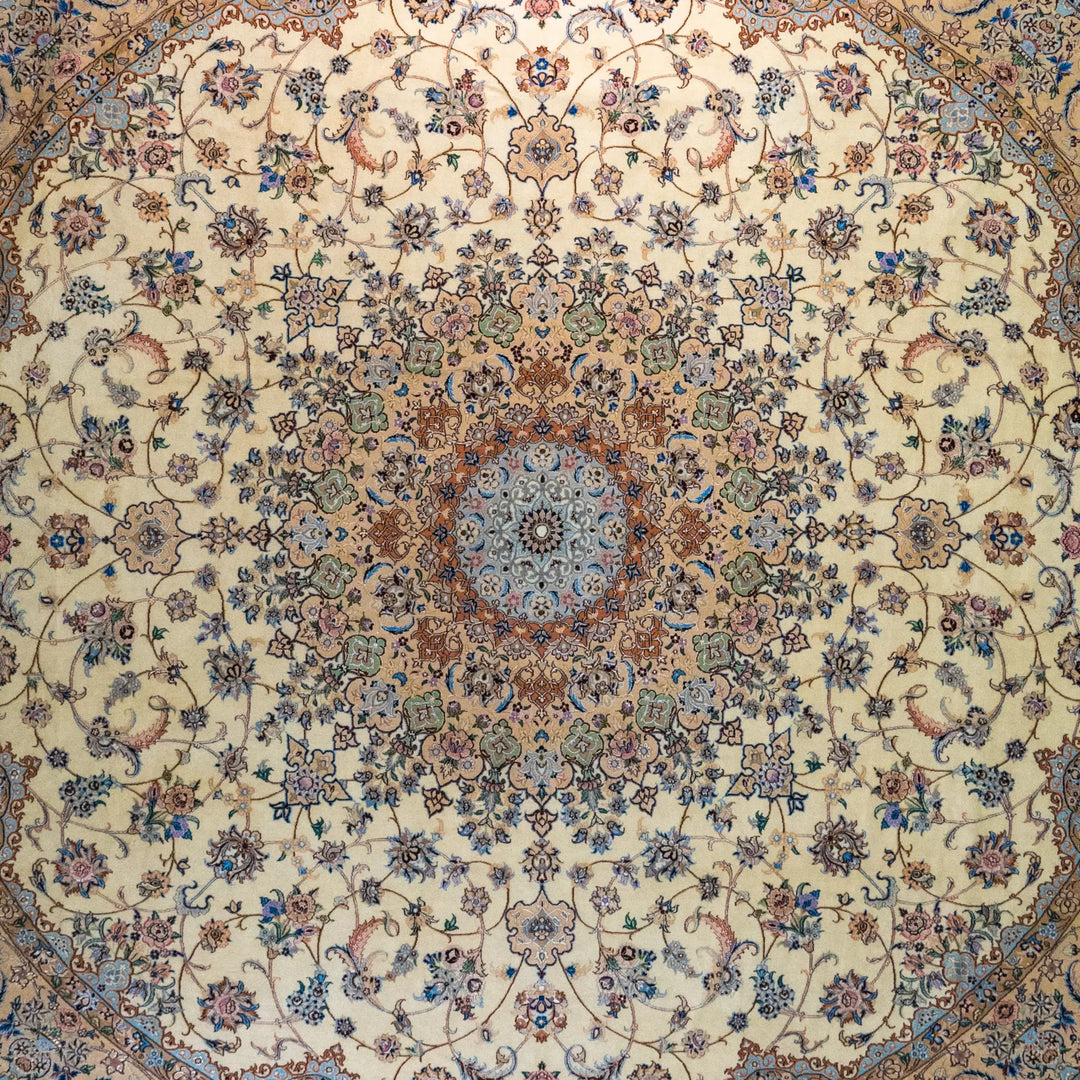13' 1" x 13' 1" - BEIGE AND PINK NAEIN FLORAL PERSIAN RUG ( 399 x 399 CM )