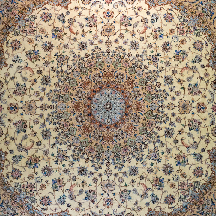 13' 1" x 13' 1" - BEIGE AND PINK NAEIN FLORAL PERSIAN RUG ( 399 x 399 CM )