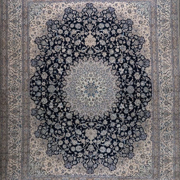 10' 2" x 13' 1" - NAVY AND BEIGE NAEIN FLORAL PERSIAN RUG ( 310 x 399 CM )