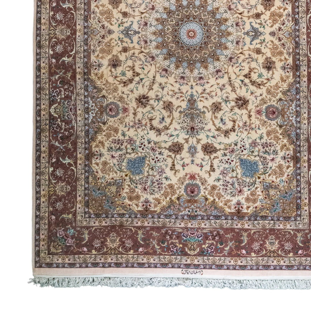 8' 4" x 10' 11" - BEIGE AND PURPLE ISFAHAN FLORAL PERSIAN RUG ( 254 x 333 CM )
