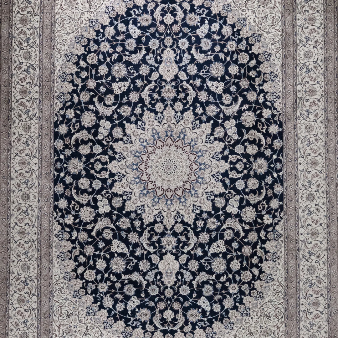 8' 2" x 11' 5" - NAVY AND BEIGE NAEIN FLORAL PERSIAN RUG ( 249 x 348 CM )