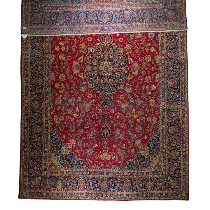 12' 2" x 18' 10" - RED AND BLUE KASHAN FLORAL PERSIAN RUG ( 371 x 574 CM )