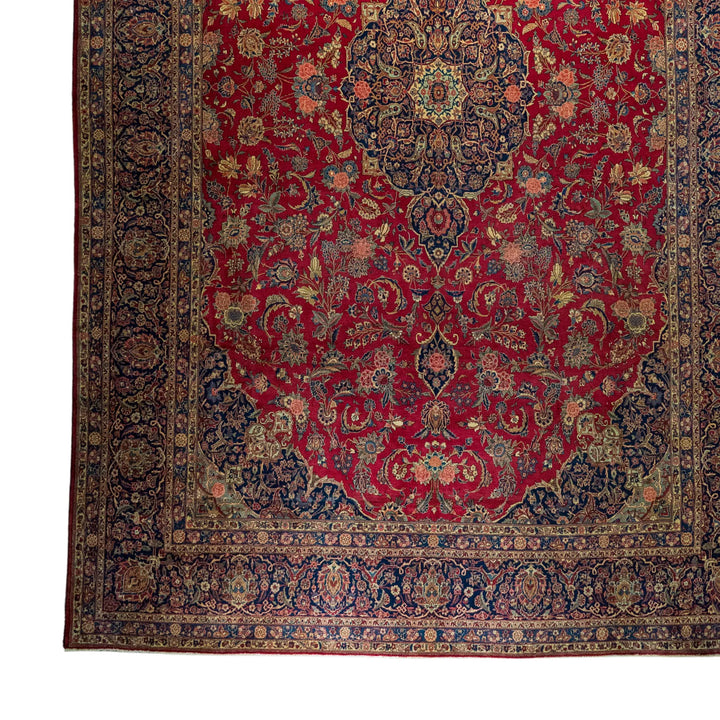 12' 2" x 18' 10" - RED AND BLUE KASHAN FLORAL PERSIAN RUG ( 371 x 574 CM )