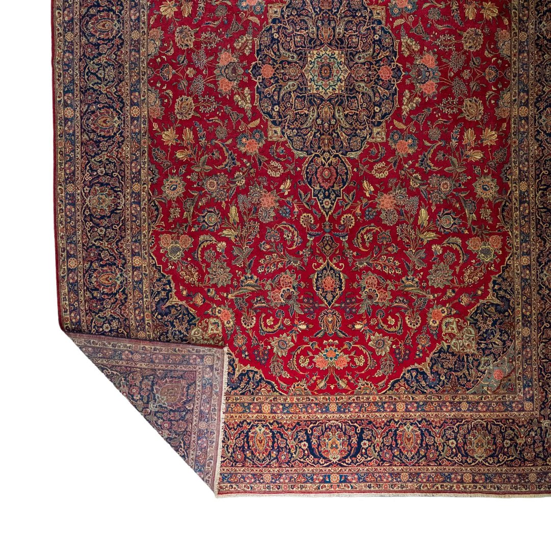 12' 2" x 18' 10" - RED AND BLUE KASHAN FLORAL PERSIAN RUG ( 371 x 574 CM )